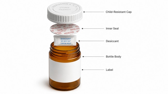 Exploded view of a pill bottle showing cap, seal, desiccant, label, and amber bottle body