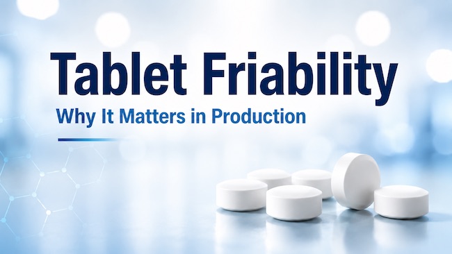Tablet friability concept with white pharmaceutical tablets and production quality theme