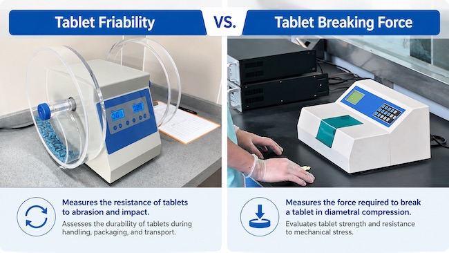 Tablet friability compared with tablet breaking force using pharmaceutical testing equipment