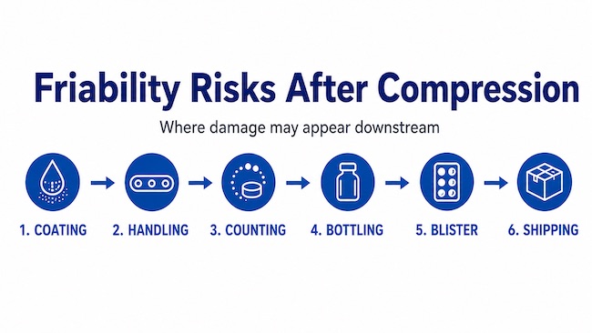 Tablet friability risks after compression across coating, handling, counting, bottling, blister packaging, and shipping