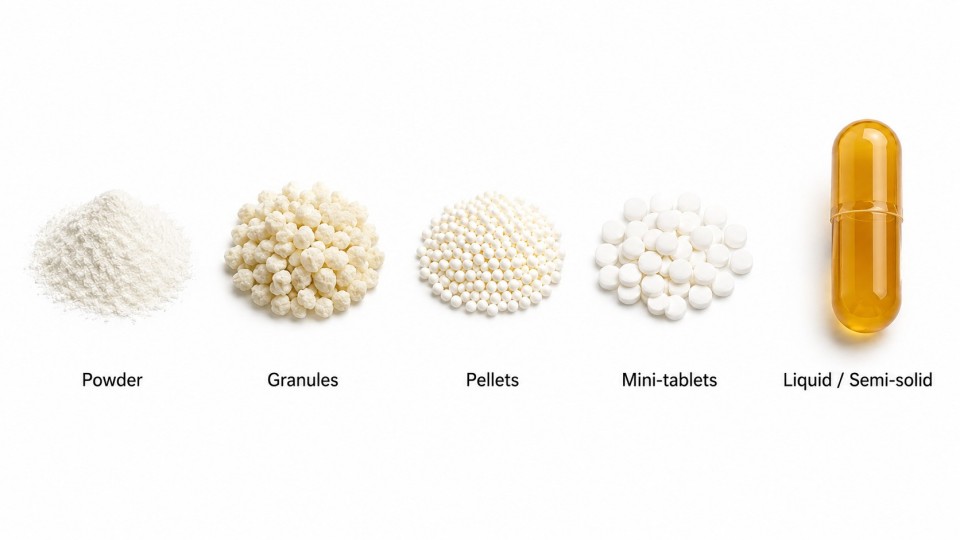 Powder, granules, pellets, mini-tablets, and liquid as common hard capsule contents