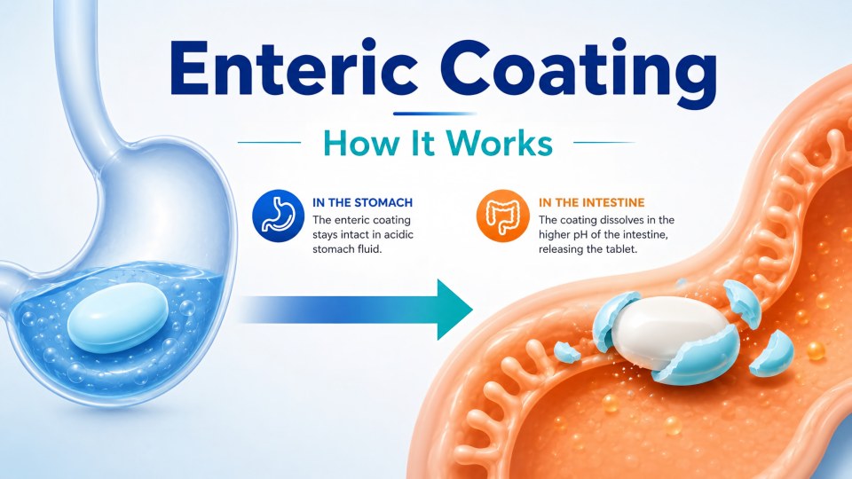 Enteric coating staying intact in the stomach and releasing later in the intestine