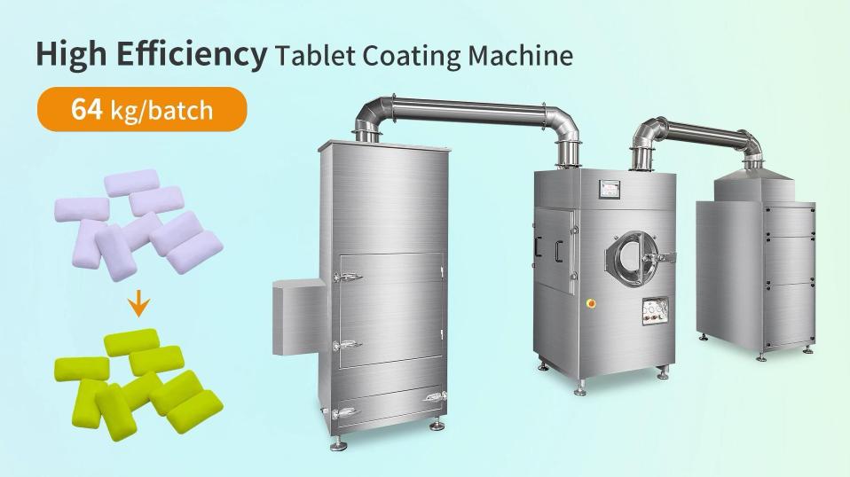 High-efficiency automatic tablet coating machine with 64 kg batch capacity and coated tablet samples