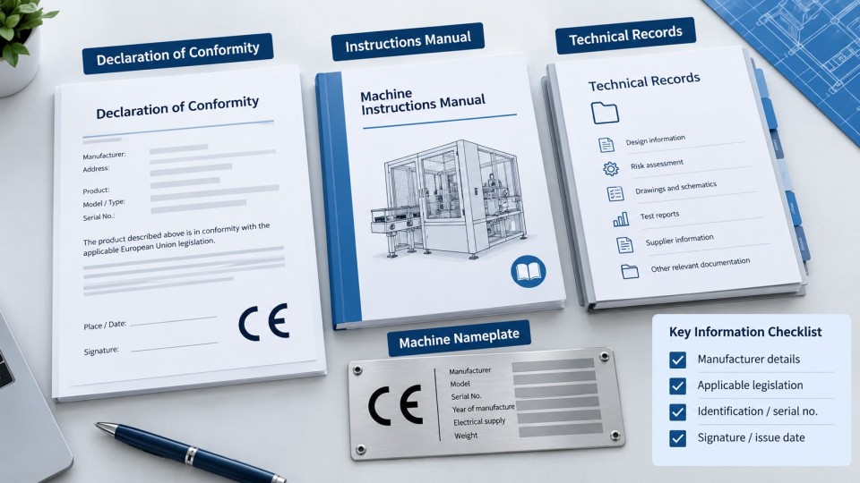 CE marking documentation including Declaration of Conformity, machine instructions, technical records and nameplate